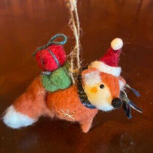 Holiday Fox Ornament With Santa Hat & Gift Wool Felt Christmas Decoration